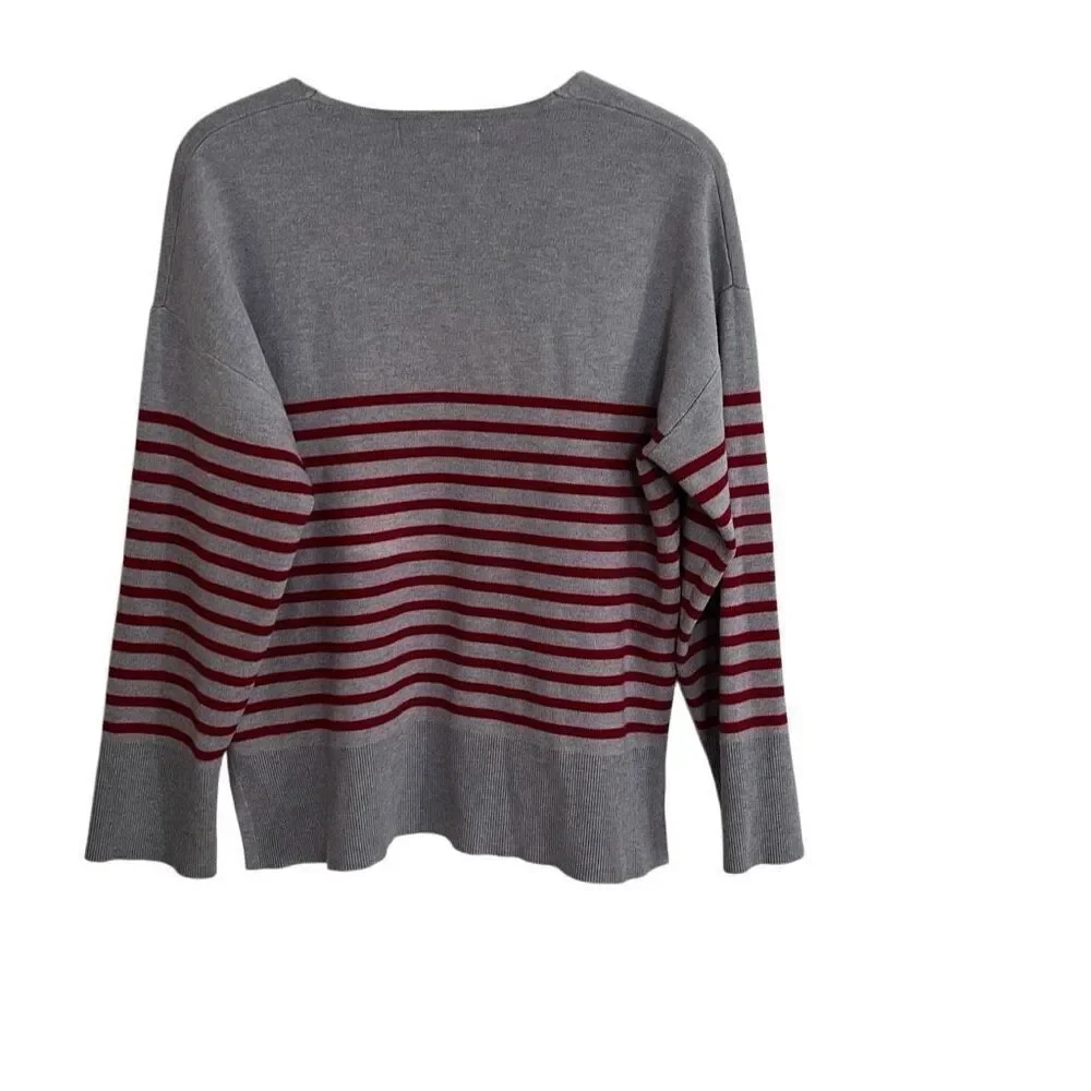 Loft‎ Stripe V-Neck Long Sleeve Knit Pullover Sweater Gray Red Size Large
